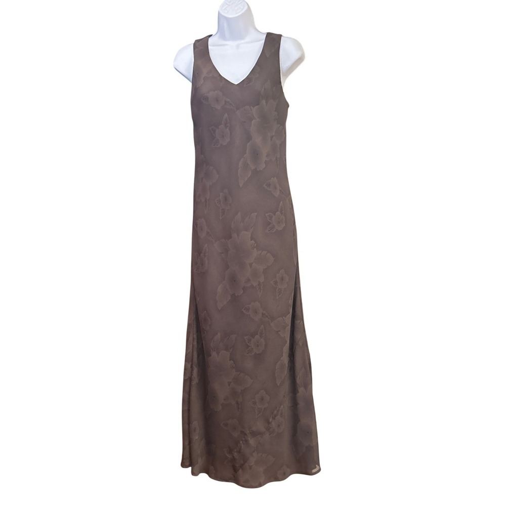 Vintage 90s Bias Cut Maxi Dress Brown Floral CDC Karen Desiree Minimal V-neck